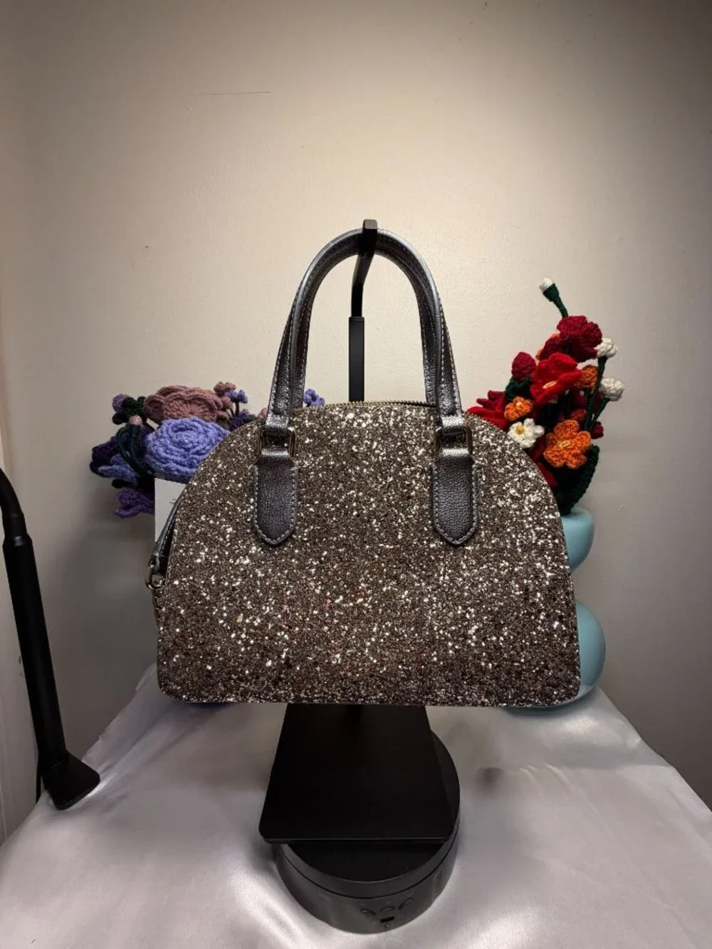 Kate Spade Sparkly Glitter Handbag With Metallic Handles & Gold Accents EUC